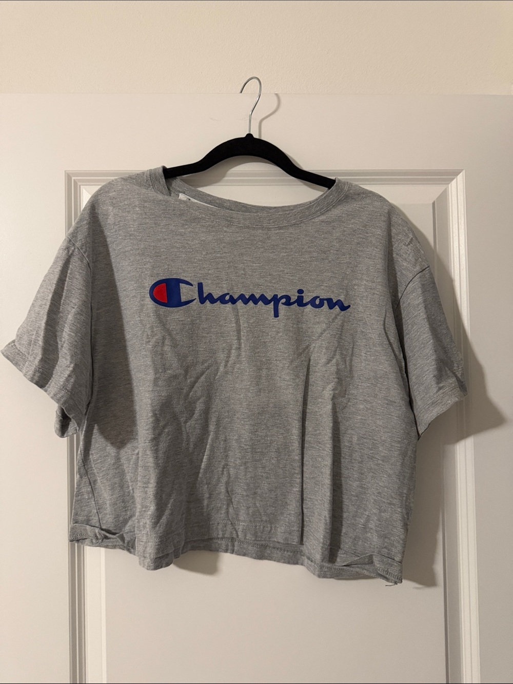 Champion Gray Cropped Logo Tee with Blue & Red Script